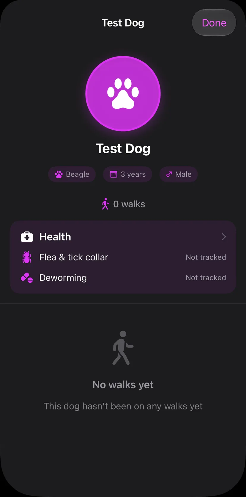 A dog profile: Beagle, 3 years, with health reminders for the flea collar and deworming